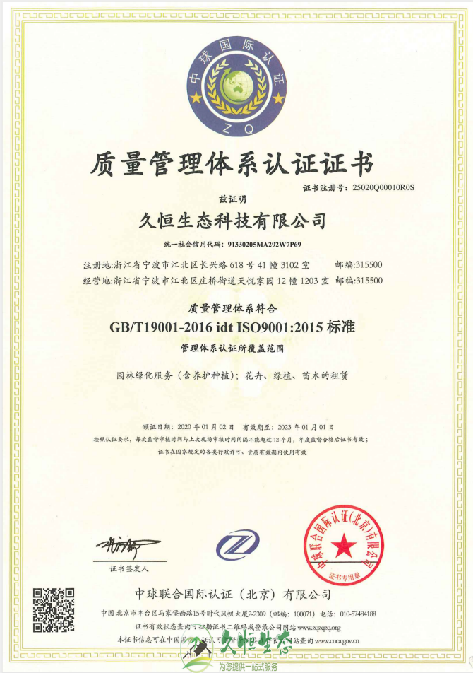 滨江质量管理体系ISO9001证书