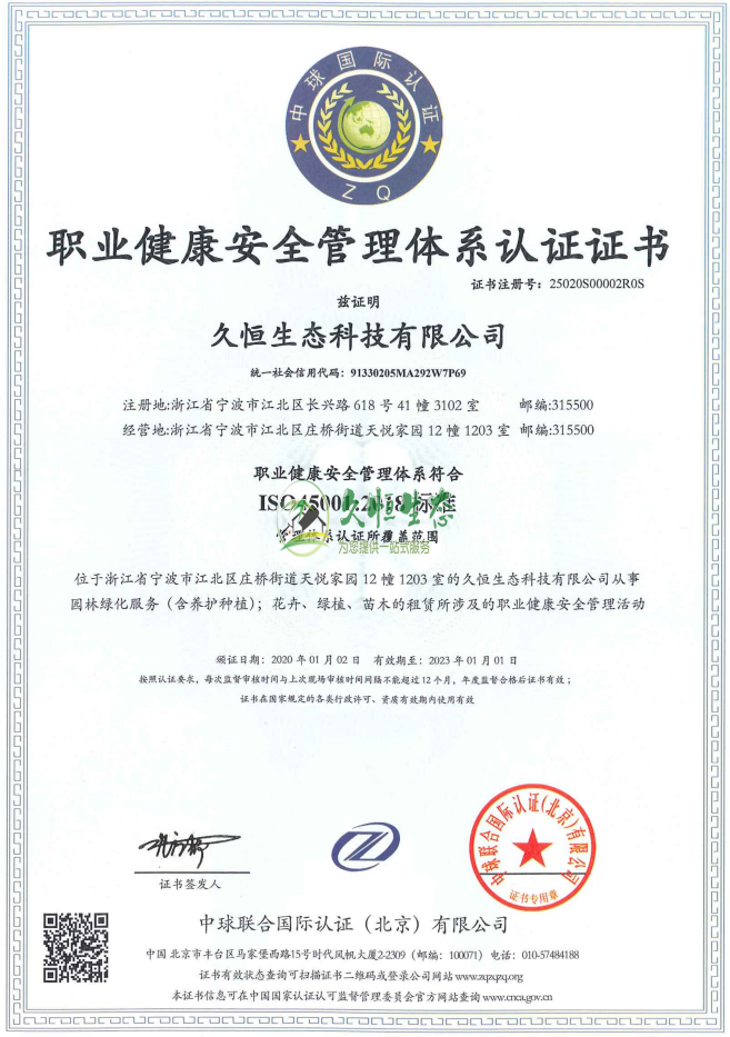 滨江职业健康安全管理体系ISO45001证书